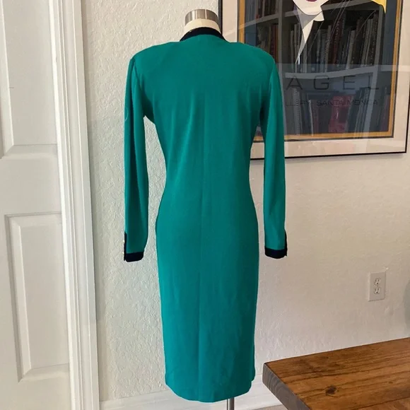 Authentic Original Vintage Style Green Midi Dress with Black Accents - Picture 11 of 16